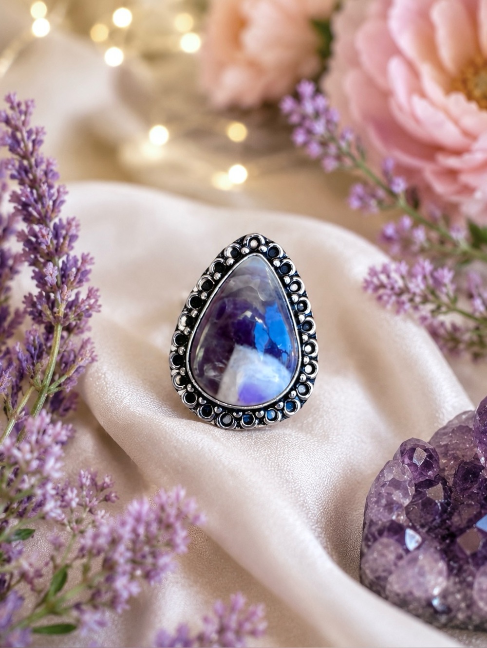 Teardrop Natural Chevron Amethyst Sterling Silver Ring Sz 7.5